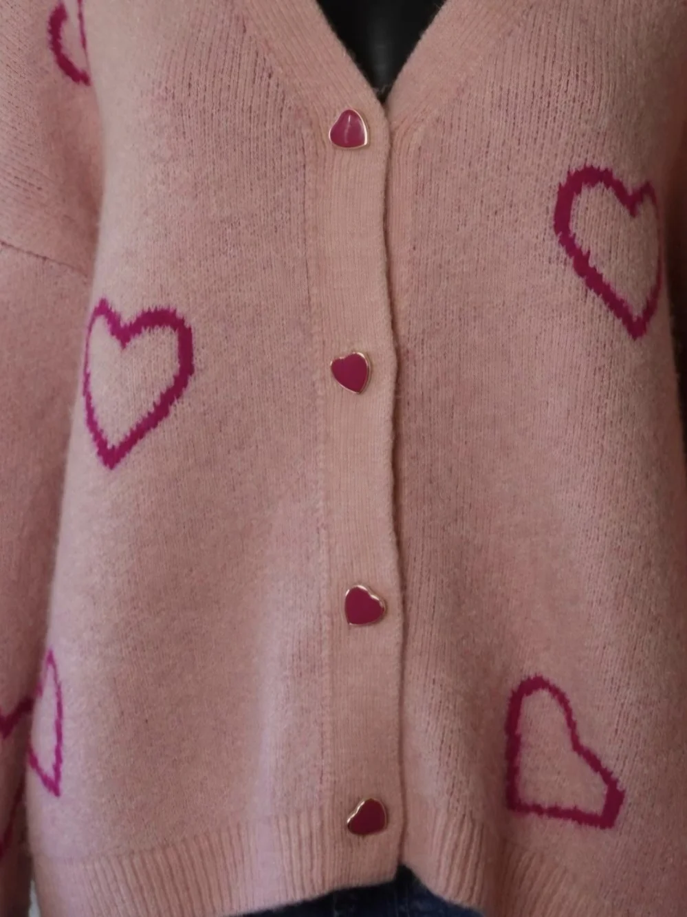 CeCe Pink Heart-Print V-Neck Cardigan with Hot-Pink Accents